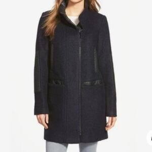 Vince Camuto Faux Leather Trim Wool Blend Boucle Coat Size XL‎
